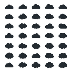 Very big set of thirty-five black cloud shapes, cloud icons for web and app, for cloud computing and so on isolated on a white backgroud in flat style