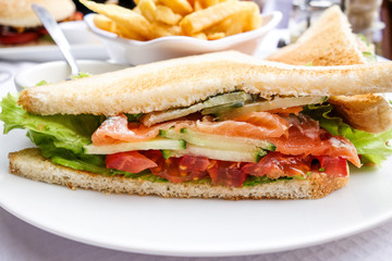 Sandwich with chicken, cheese and golden French fries potatoes