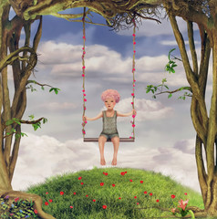 Beautiful woodland scene with boy on a swing