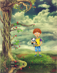 Illustration of a boy standing in the forest