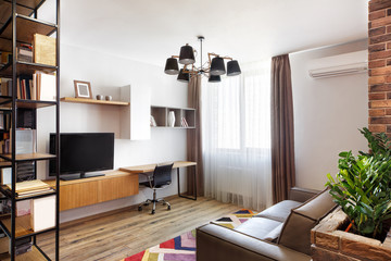 interior room, with bookshelves, leather sofa and a TV