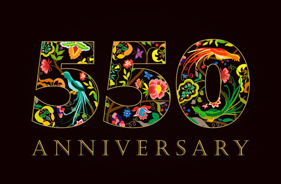 550 anniversary vintage colorful ethnic numbers. The template logo of 550th birthday in colored national patterns and the birds of paradise.