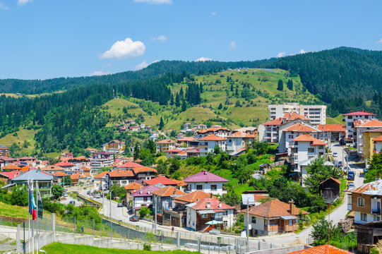 aerial view of bulgarian city chepelare which is famous ski resort and place of traditional rozhen folklore dances festival.