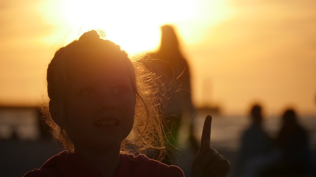 Little Girl Silhouette Points to Something Talking People Families Are Walking At Beach Kids Are Playing People are Flying the Kites Kite Festival
