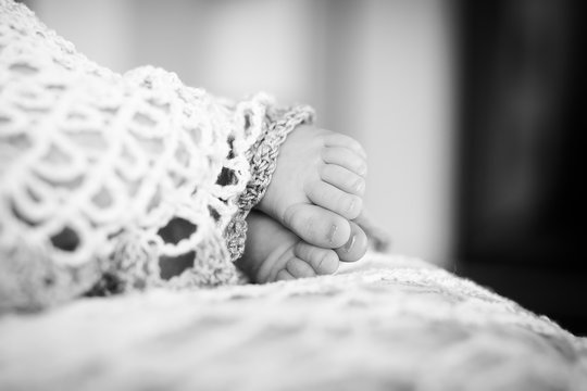 Close up picture of new born baby feet. Black-and-white photo. B