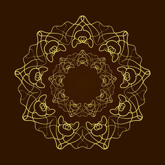 Hand drawn gold flower mandala over dark brown