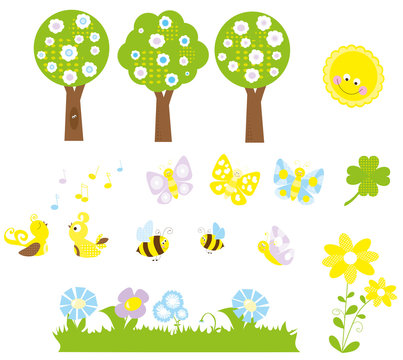 Spring collection of cute cartoon nature elements with: sun, bloomig tree, butterfly, bee, flower, singing bird and clover / for child