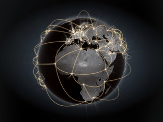Global network, internet concept. View of Europe and Africa. Orange version.