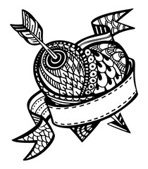 Zentangle hand drawn doodle vector heart with ribbon. Isolated O