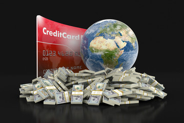 Fototapeta premium Credit Card with Globe and dollars (clipping path included)
