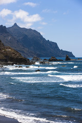 Cliffs in the Anaga Mountains beach sector with Playa de Roque de las Bodegas in the northeast of Tenerife in the village.Almaciga, Tenerife, Canary Islands, Spain, Europe