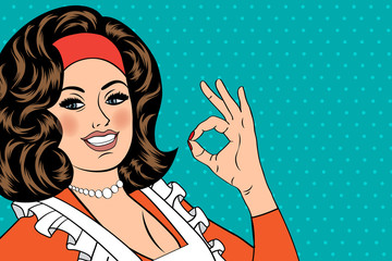 pop art cute retro woman in comics style with OK sign