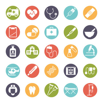 Medical and Health Care Round Colored Icon Set