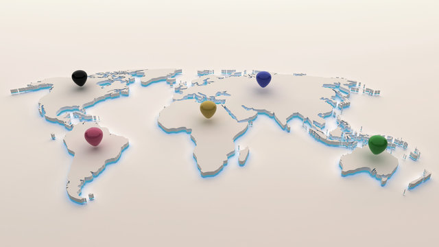 3d World map with colored pins