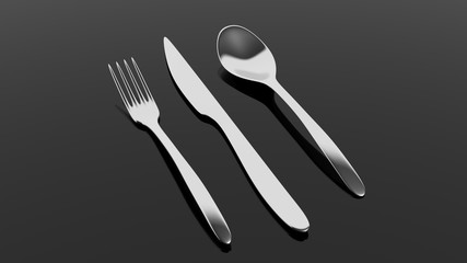 Fork, spoon and knife, isolated on black background.