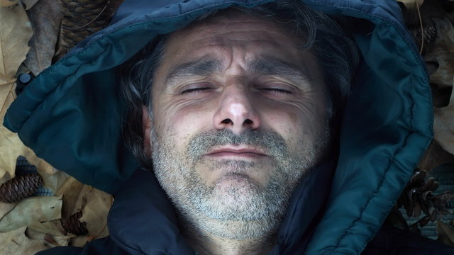 face expression of a middle-aged man wearing a hood, stop motion animation