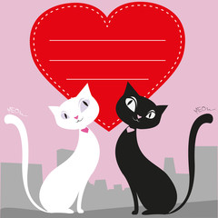 A couple of cats and a red heart, greeting card or banner, vecto