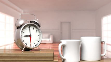 Naklejka premium Retro alarm clock closeup with two cups of coffee and house interior in the background.