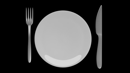 Silver fork and knife with a plate, isolated on black background.