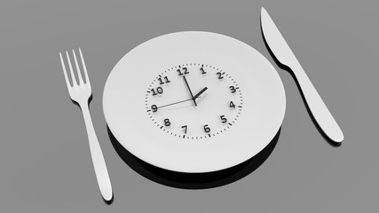 Fork, knife and plate with clock dial , isolated on black background.