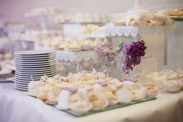 Delicious & tasty white decorated cupcakes at wedding reception