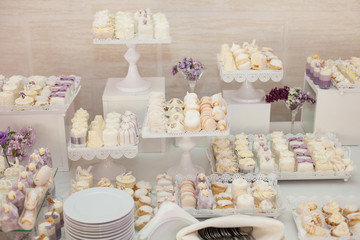 Delicious & tasty white decorated cupcakes at wedding reception