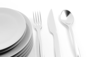 Silver fork, spoon and knife with a stack of plates, isolated on white background.