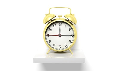 Retro gold alarm clock on white wall shelf