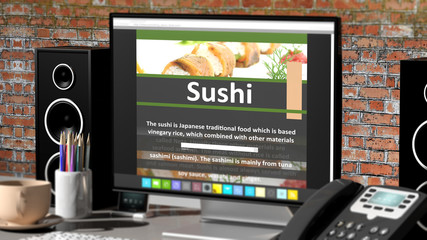 Monitor with Sushi recipe on desktop with office objects.