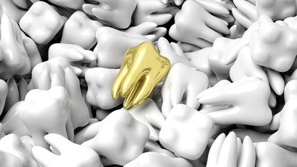 Pile of white teeth with one gold, abstract conceptual background