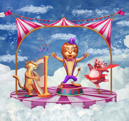  Сircus with tent, a tiger playing on a harp , singing a lion ,dancing hippo