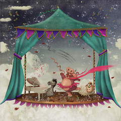 Illustration of cute circus  animals on stage in sky 