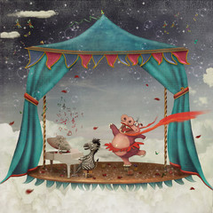 Illustration of a circus with tent and various characters