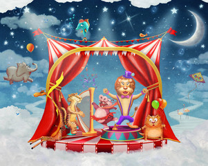 Illustration of a circus with tent and various characters