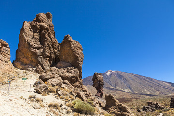 Roques de Garcia lava in Teide National Park, UNESCO World Heritage Site, Mirador Igueque, National Park Canadas del Teide behind volcano Teide, Tenerife, Canary Islands, Spain, Europe