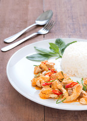 Red pork curry (Panang) with rice in white plate on wooden backg