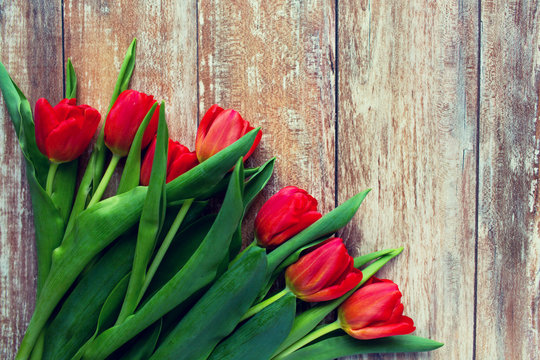 close up of red tulips on wooden background