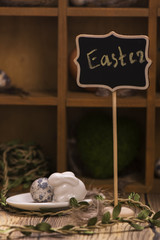 Chalkboard tag and easter background. Toned image. Selective focus