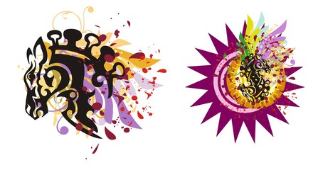 Grunge tribal horse head. Horse head splashes with blood drops and double horse sing with decorative sun
