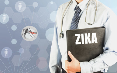 doctor with document file word ZIKA on mosquito modern medical background