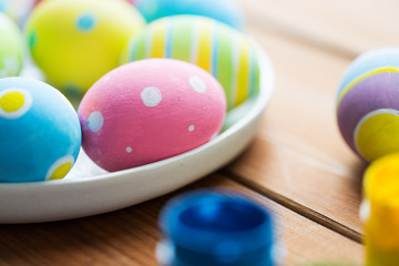 close up of colored easter eggs on plate