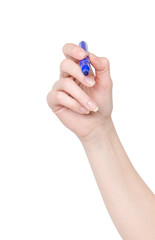 Female hand is ready for drawing with blue marker