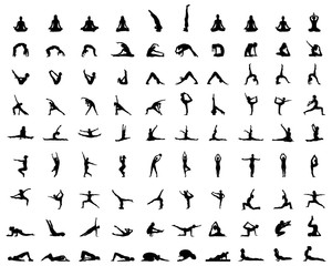 Black silhouettes of yoga and fitness, vector - obrazy, fototapety, plakaty