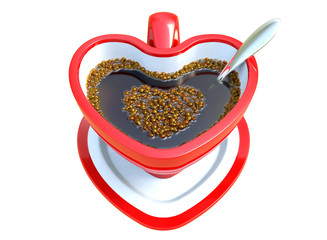 Three-dimensional generate red heart coffee cup top view isolated on white background with work paths.