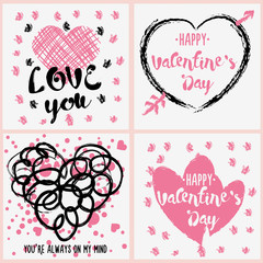 set of 4 hand drawn Greeting cards for Valentine's day. 