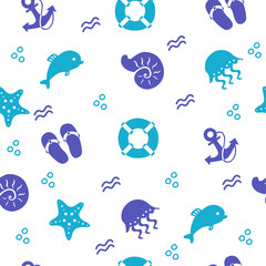 Fototapeta premium Seamless marine pattern with beach items, vector background 