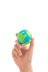 Human hands holding up planet or earth isolated on white background. This picture has clipping path for easy to use. Eco concept, Idea concept.