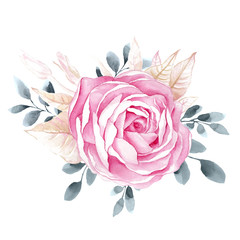 Watercolor illustrations of rose flower isolated on white background. 