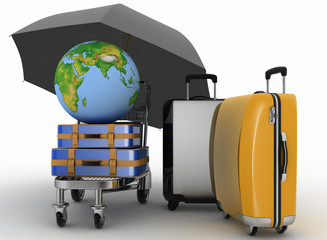 Transportation of earth and suitcases on freight light cart under umbrella