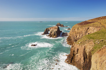 Land's End in Cornwall, England on a sunny day